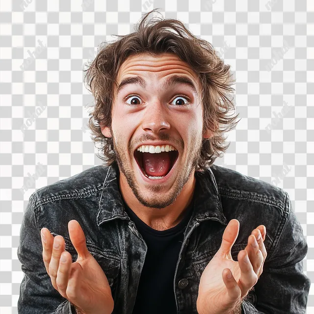 PNG Excited man making funny face with hands in studio setting