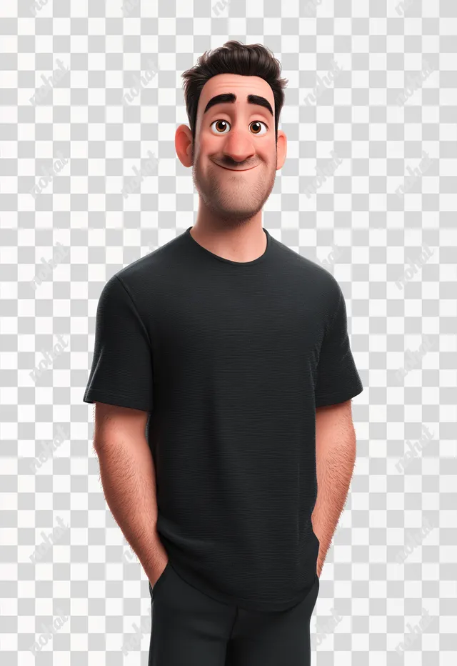 PNG Friendly 3D Cartoon Man in Black T-Shirt