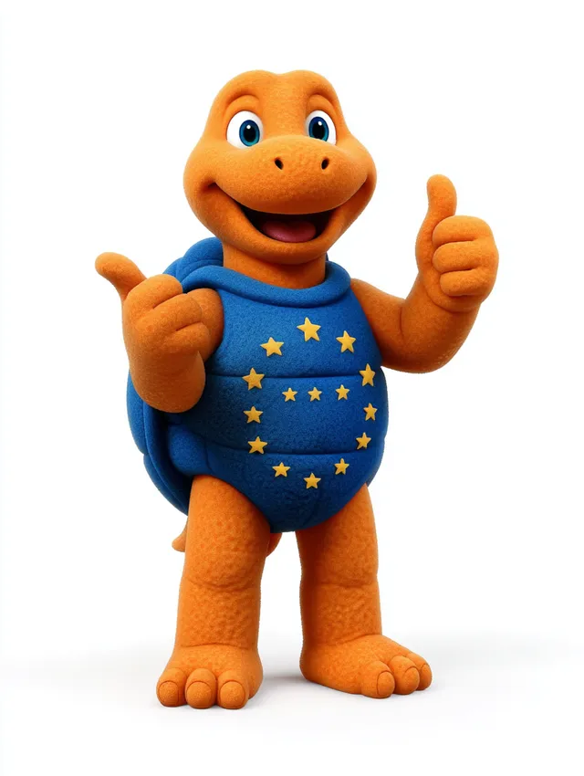 PNG Friendly Cartoon Turtle Mascot with Blue Shell and Stars
