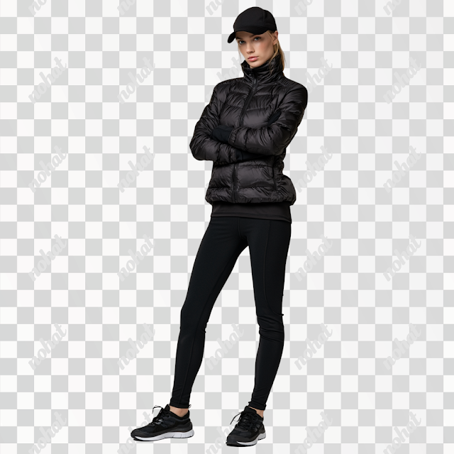 PNG Glamorous Young Female US Exec in Black Winter Running Gear