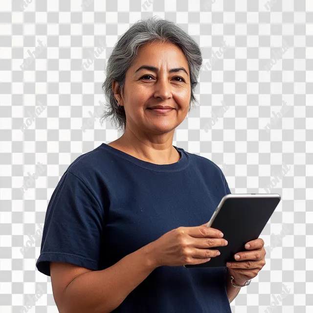 PNG Happy 45-Year-Old Brazilian Woman in Dark Blue Shirt with iPad
