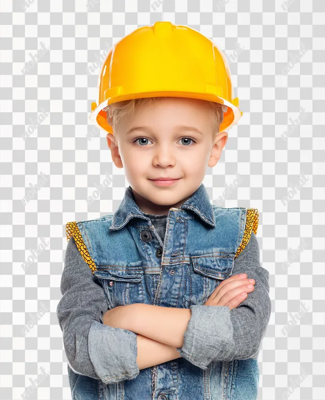 PNG Happy Boy in Construction Helmet and Denim Vest