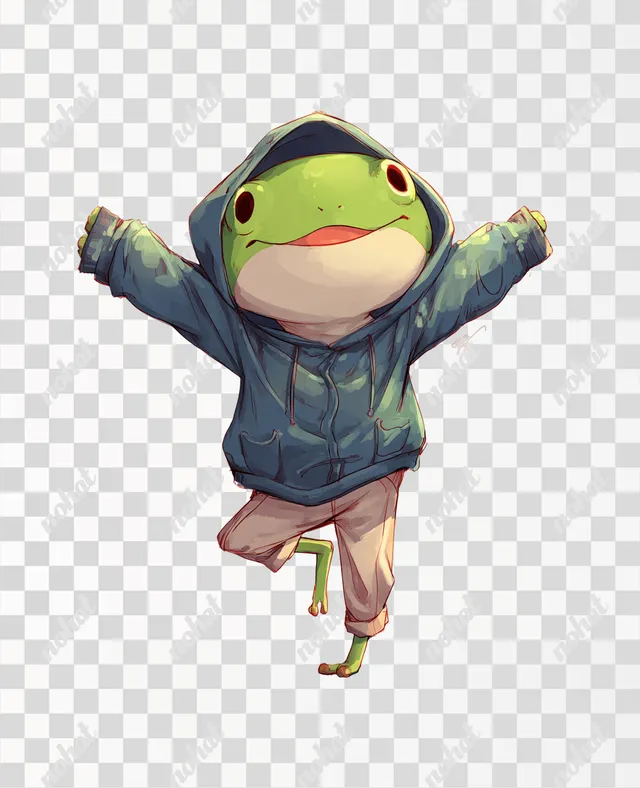 PNG Kawaii Frog Boy Stretching in Hoodie