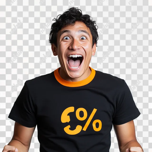 PNG Latin American man in black-orange shirt celebrating success with joy