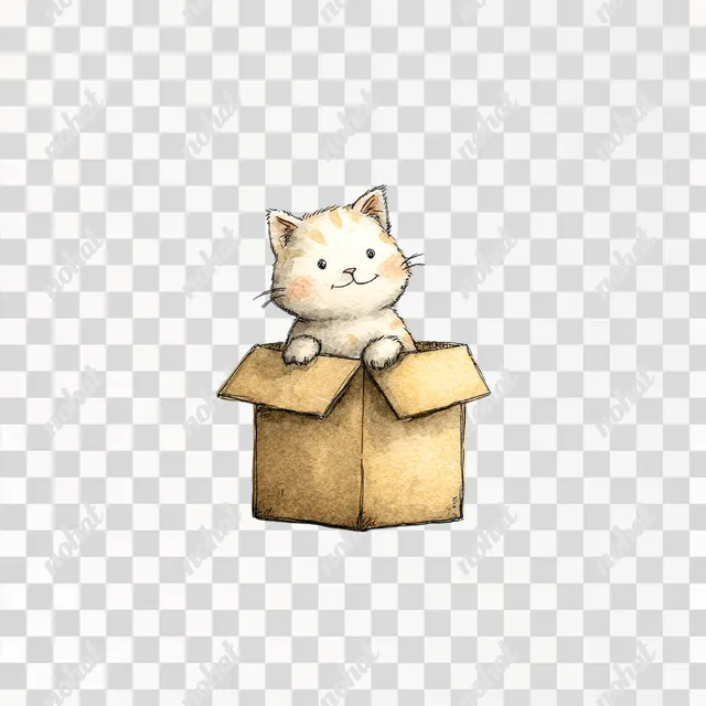 PNG Playful Kitten in Cardboard Box Watercolor Illustration