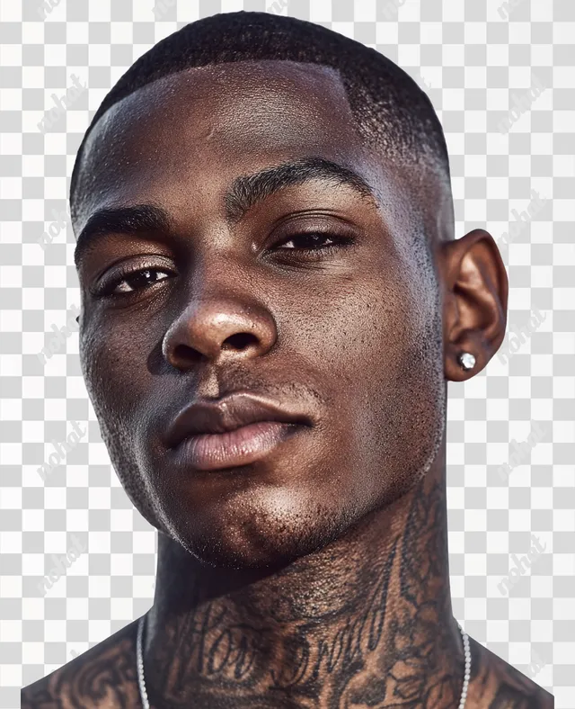 PNG Portrait of a Handsome Young Black Male with Neck Tattoos