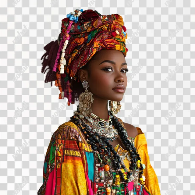 PNG Portrait of Black woman in vibrant African clothing and jewelry