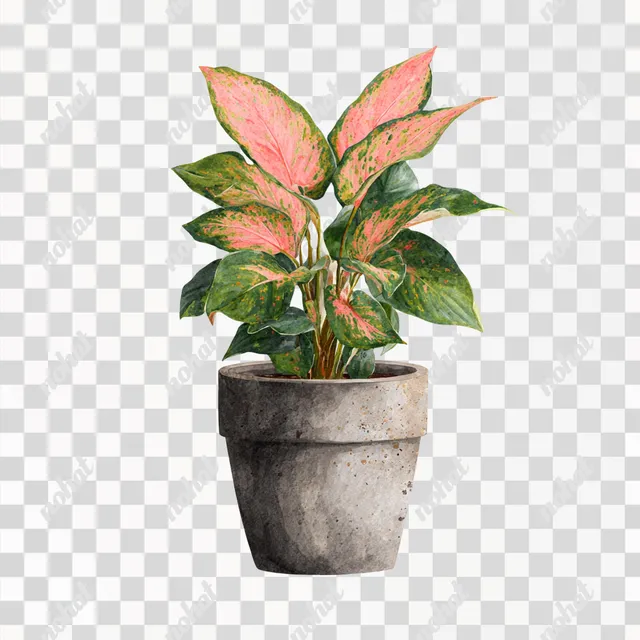 PNG Realistic Watercolor Coral Chinese Evergreen Plant in Pot