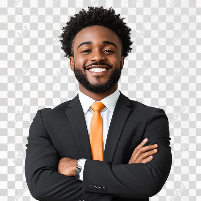 PNG Smiling Black Man in Suit and Orange Tie from Urban Business District