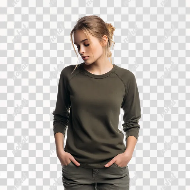 PNG Stylish European American Female Model in Khaki Top and Slim Jeans