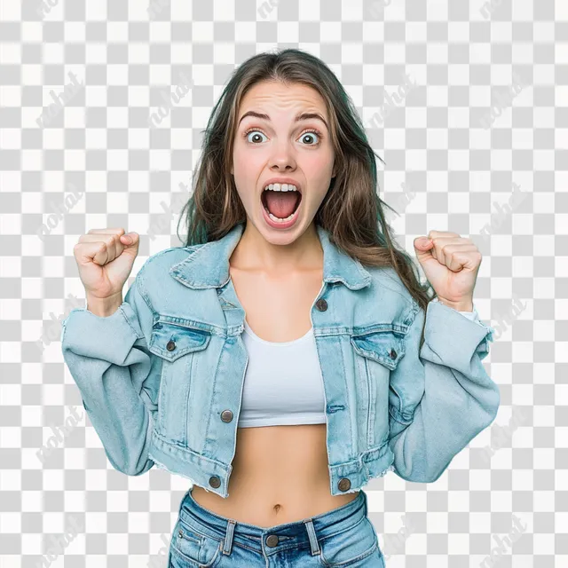 PNG Surprised young woman in casual clothes celebrating success outdoors.