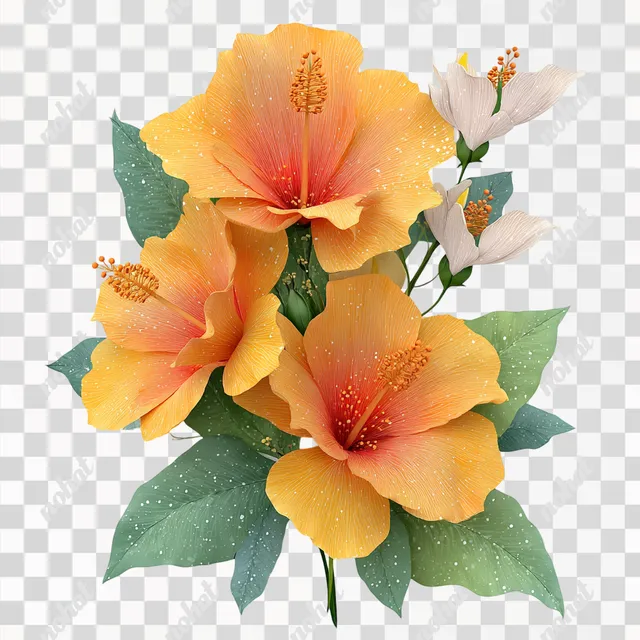 PNG Vibrant Terracotta and Yellow Hibiscus Bouquet with Heliconia