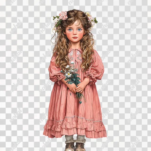 Free: PNG Vintage Illustration of a Cute Girl in a Pink Dress - nohat.cc