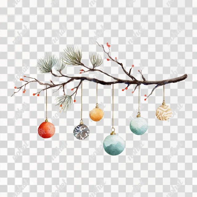 PNG Watercolor Christmas Branch with Ornaments