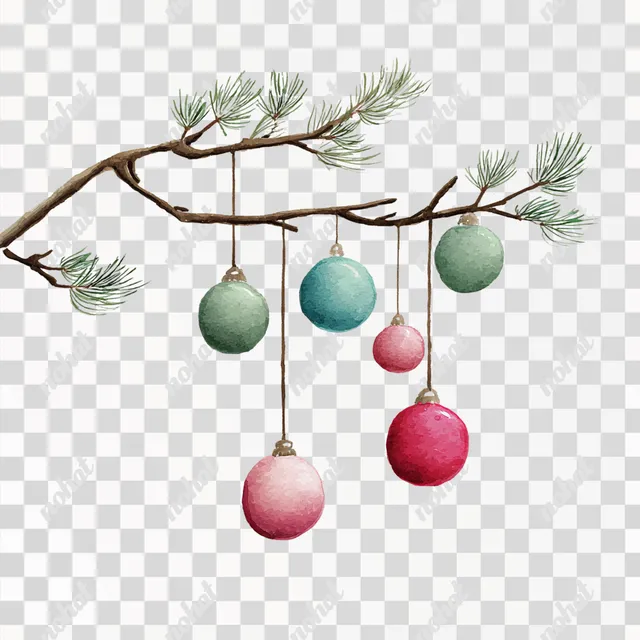 PNG Watercolor Christmas Ornaments on Rustic Branch