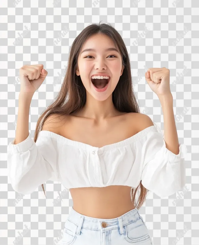 PNG Young Asian woman in casual white shirt and jeans celebrating joyfully