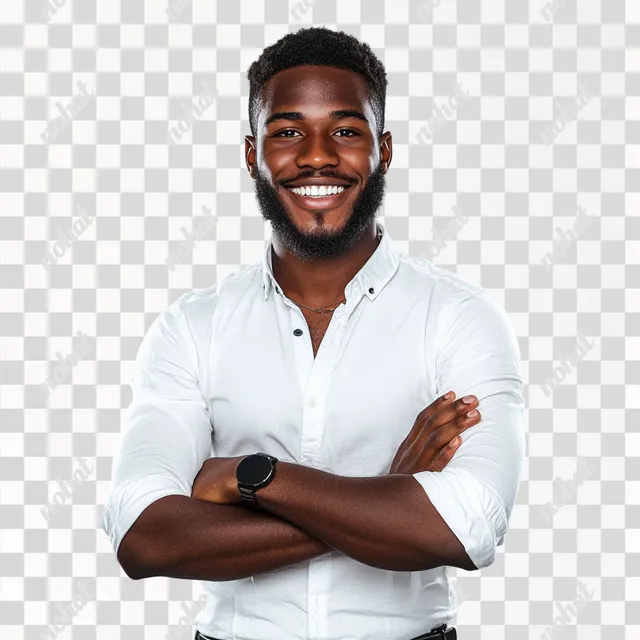 PNG Young man with beard in white shirt, smiling, living in urban area