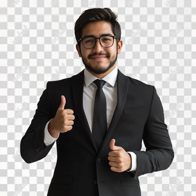 PNG Young Mexican man in a suit giving thumbs up, exuding professionalism