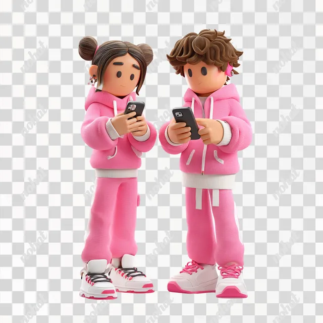 PNG Young Roblox Characters in Pink Tracksuits Engaged with Their Phones