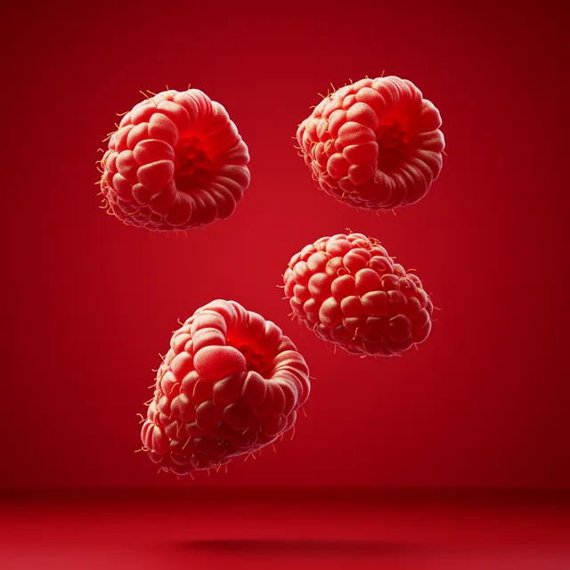 Raspberry Slices Floating in Air on Vibrant Red Background Hyperrealism