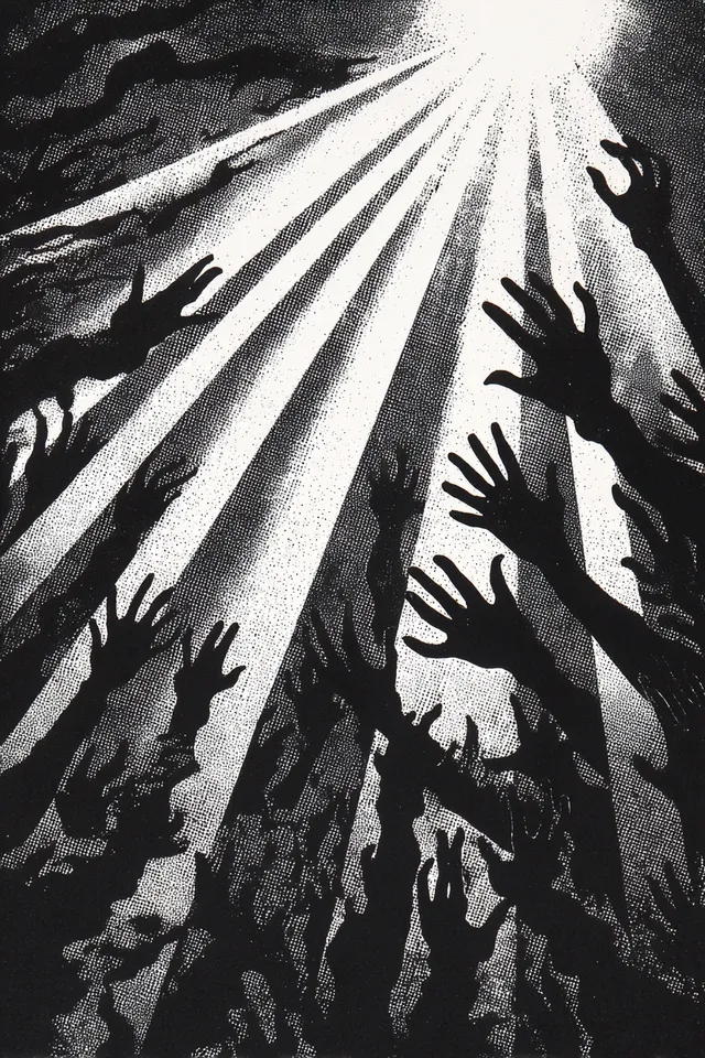 Reaching Hands in Shadows: A Black-and-White Screenprint