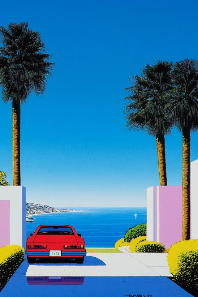 Red Convertible Parked by Palm Trees in Vibrant Coastal City Scene