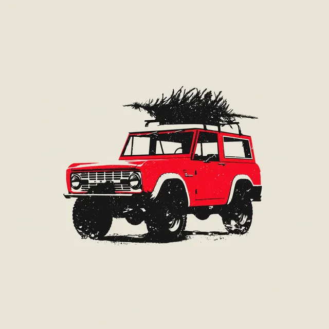 Red Vintage Ford Bronco with Christmas Tree