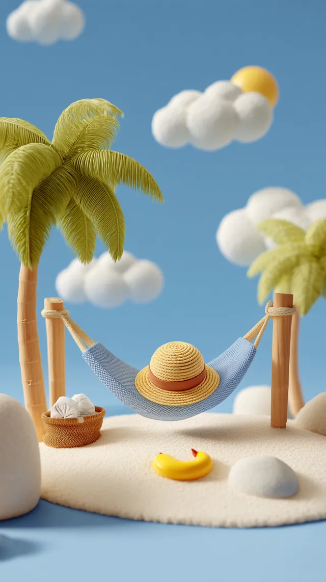 Relaxing Summer Beach Scene with Hammock and Straw Hat