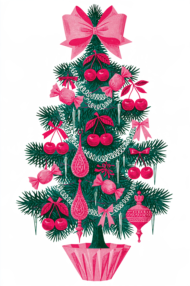 Retro Pink Christmas Tree Illustration