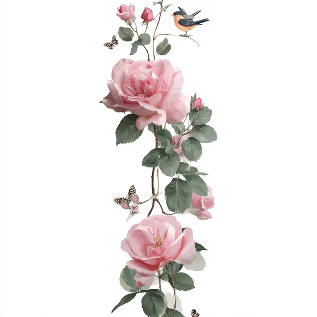 Romantic Pink Rose Garland with Birds and Butterflies