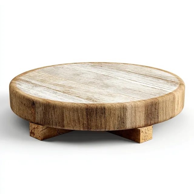 Round Wooden Platform on White Background