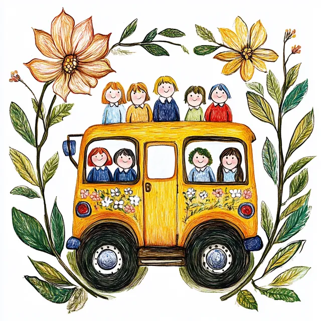 School Bus with Happy Multicultural Children in a Classroom Setting