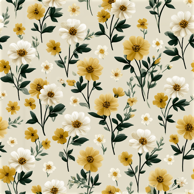 Seamless Ditsy Floral Pattern with Yellow and Ivory Wildflowers