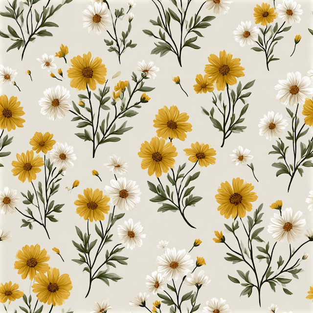 Seamless Vintage Floral Pattern with Yellow and Ivory Wildflowers