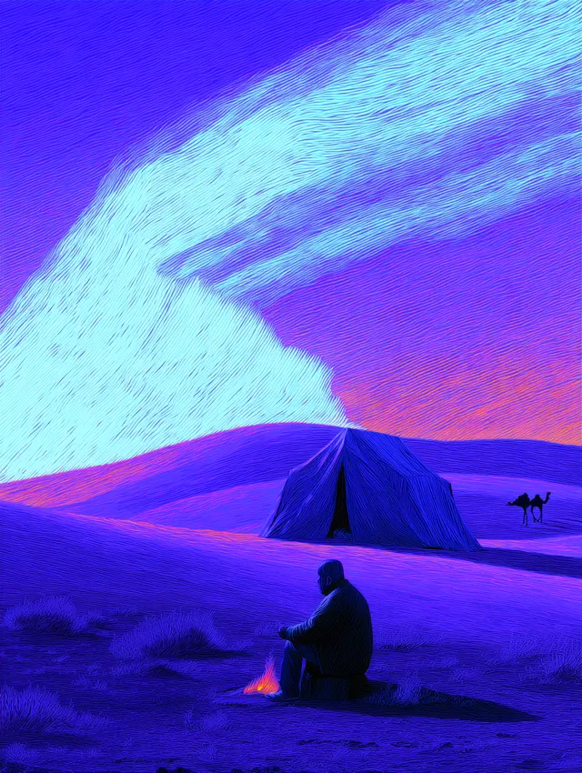 Serene Desert Sunset with Campfire and Camel Silhouette