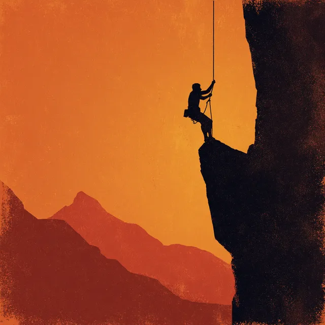 Silhouetted Climber Ascending a Rock Face