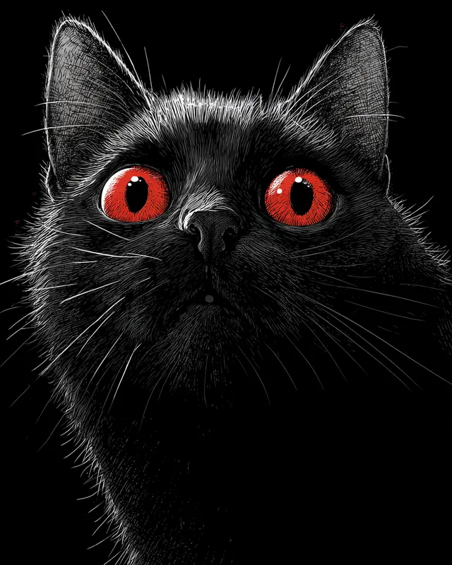 Sinister Black Cat with Red Eyes - Lithograph Style T-Shirt Design