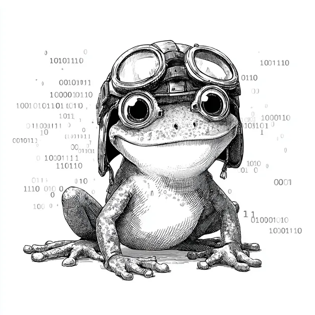Smiling Cartoon Frog Pilot with Binary Code Background