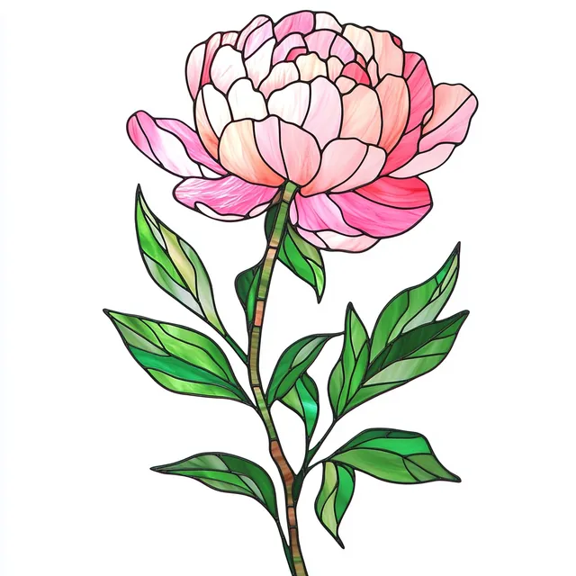 Stained Glass Pink Peony with Green Leaves