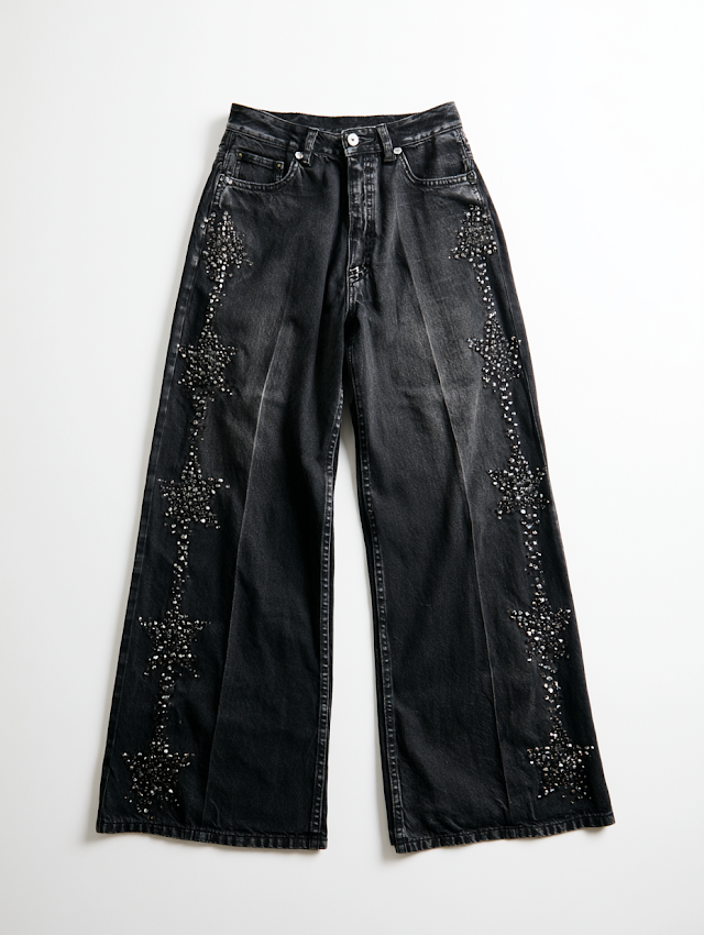 Stylish Black Wide Leg Jeans with Star Pattern and Rhinestone Detailing