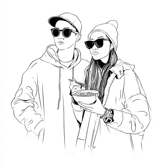 Stylish Young Couple at Music Festival Enjoying Ramen