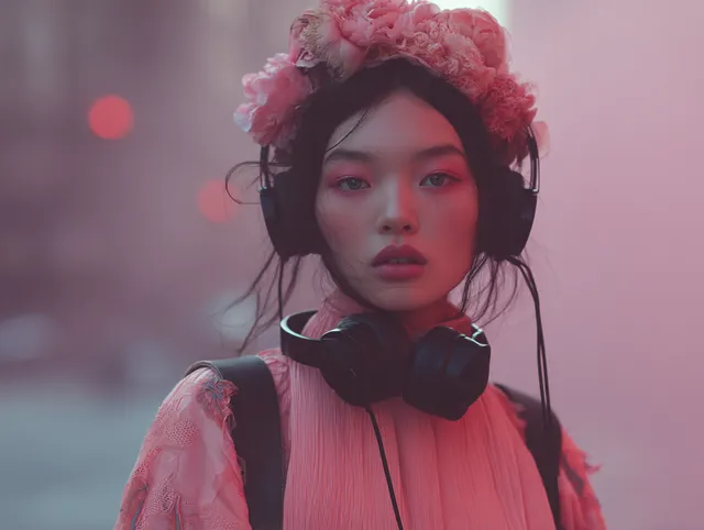 Stylish Young Korean Woman with Headphones in Modern Setting
