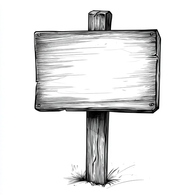 Stylized Black and White Wooden Sign Line Drawing