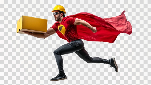 Super hero delivery guy isolated on white