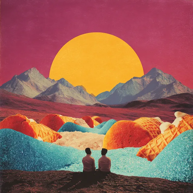 Surreal Desert Dreamscape with Twin Suns and Sweet Treats