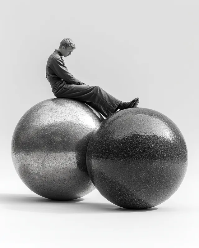 Surreal Embrace: Man between Metallic Spheres