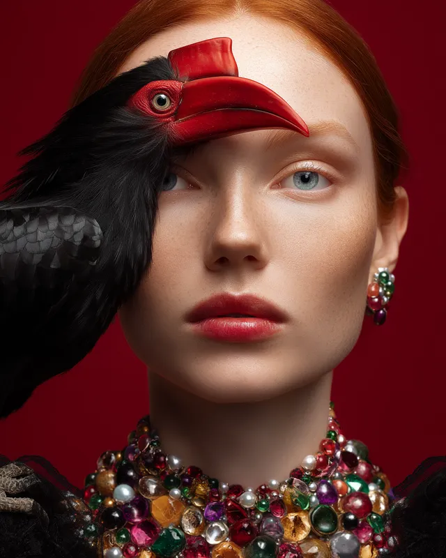 Surreal Portrait of a Red-Haired Model with Knobbed Hornbill