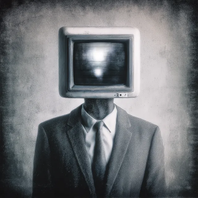 Surreal TV-Head Man in 80s Sci-Fi Style
