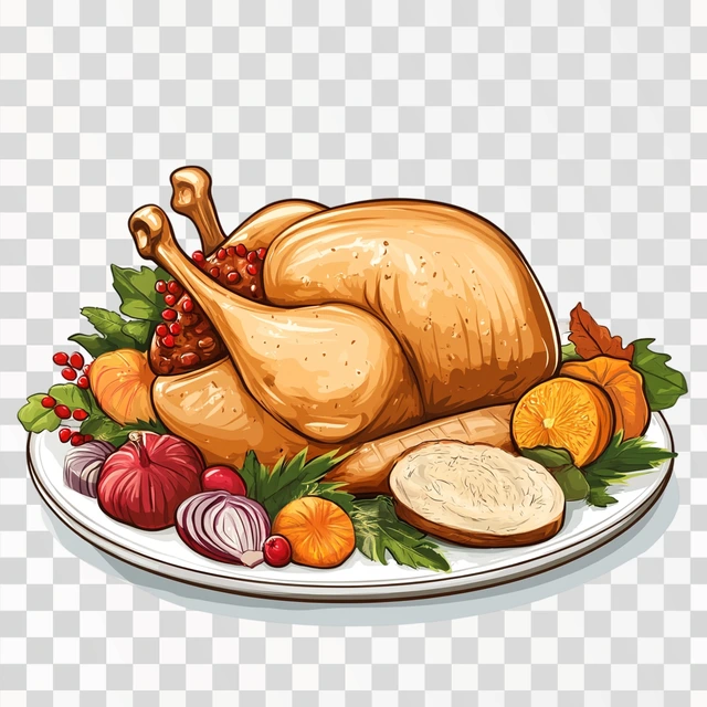 Thanks giving chicken on plate along with food items, vector