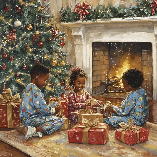 Three African American children opening presents by fireplace and Christmas tree